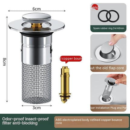 Premium Stainless Steel Sink Drain Filter - Pop-Up Basin Plug Stopper with Hair Catcher